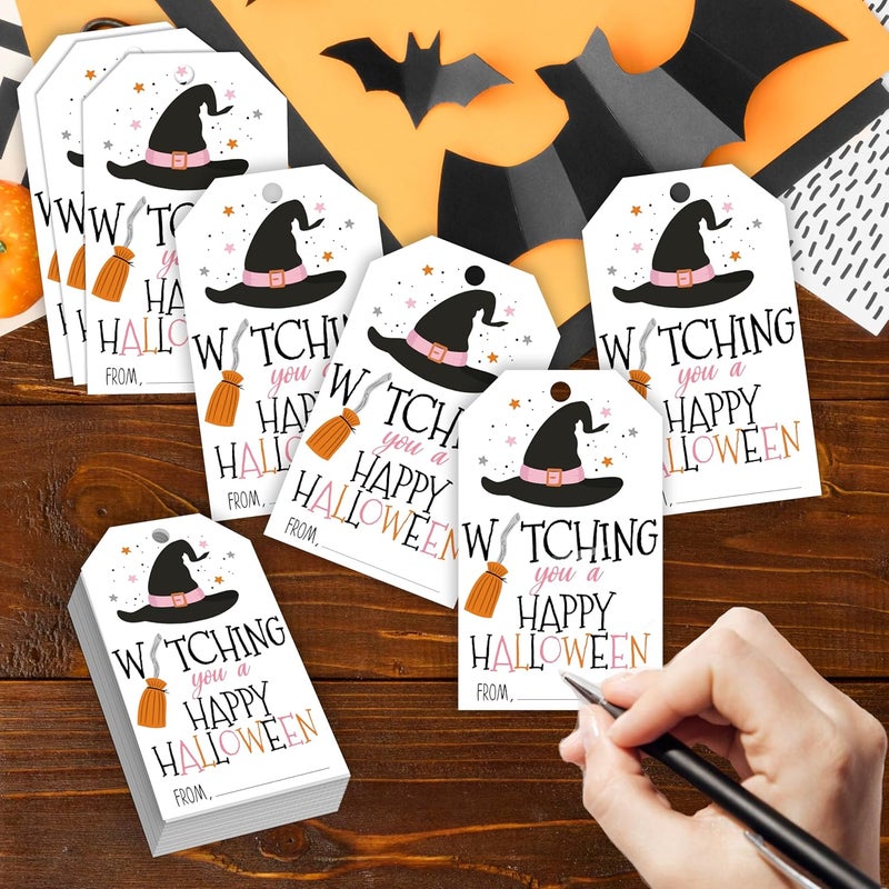 HandEasy 50 Pcs Halloween Tags with String, 2.1"×3.5" Witch Hat Paper Gifts Tags, Trick or Treat for Candy, Happy Halloween Gifts Tag Wrap for Party Favor - B04 - Image 3